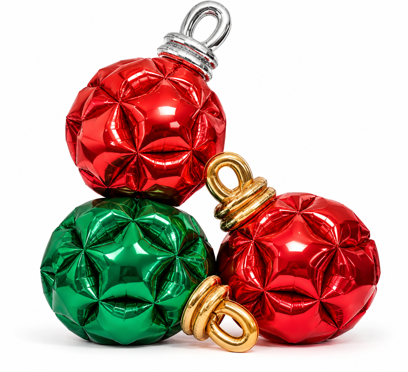 Illustrated glossy red and green Christmas baubles with gold details