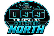 Blue-and-black OSS Detailing ShineShop North logo with car silhouette and bold text