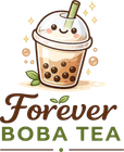 Cute smiling boba tea cup logo with “Forever Boba Tea” text