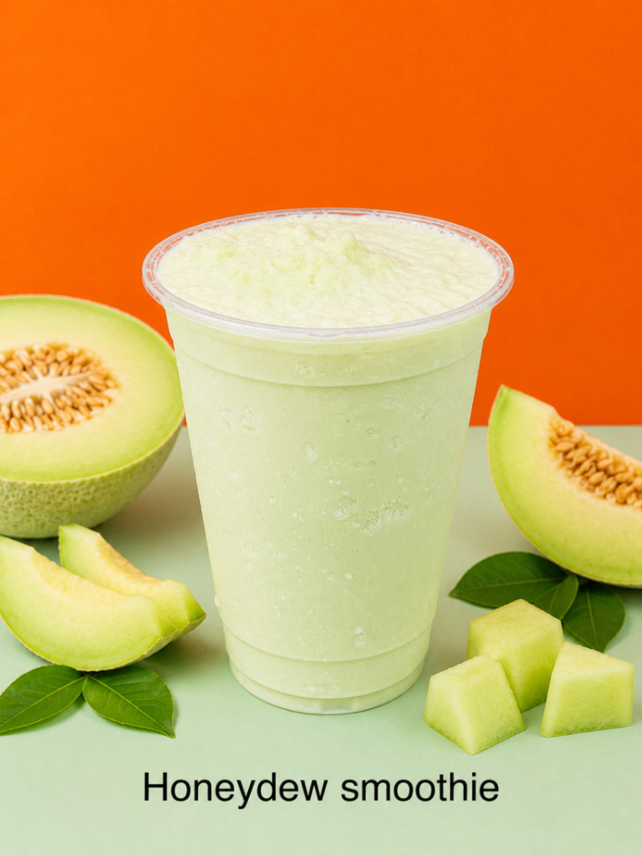 Honeydew smoothie in a clear cup, surrounded by sliced honeydew melon on an orange background
