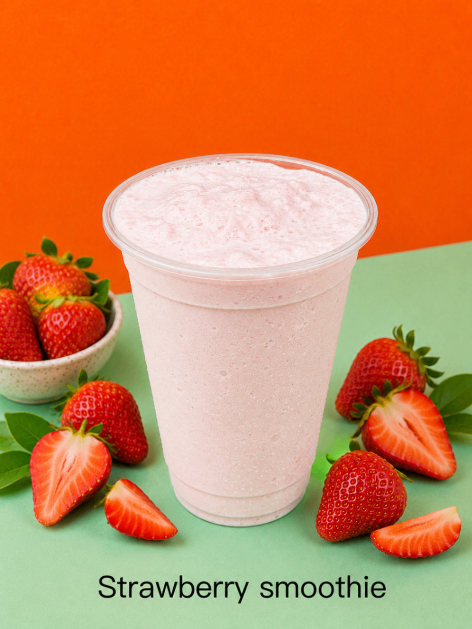 Strawberry smoothie in a clear cup surrounded by fresh strawberries on a green surface with an orange background