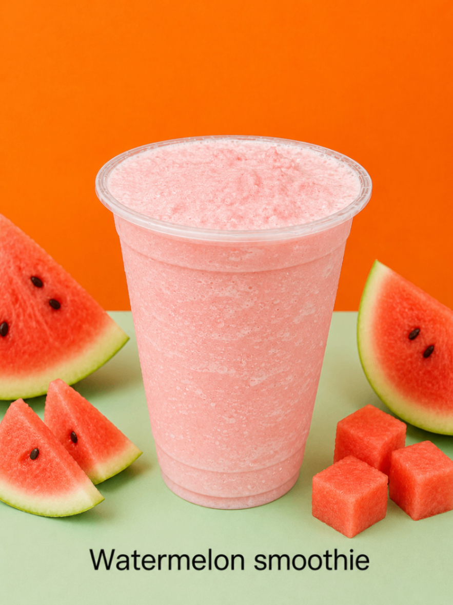 Pink watermelon smoothie in a clear cup, surrounded by watermelon slices and cubes on an orange background