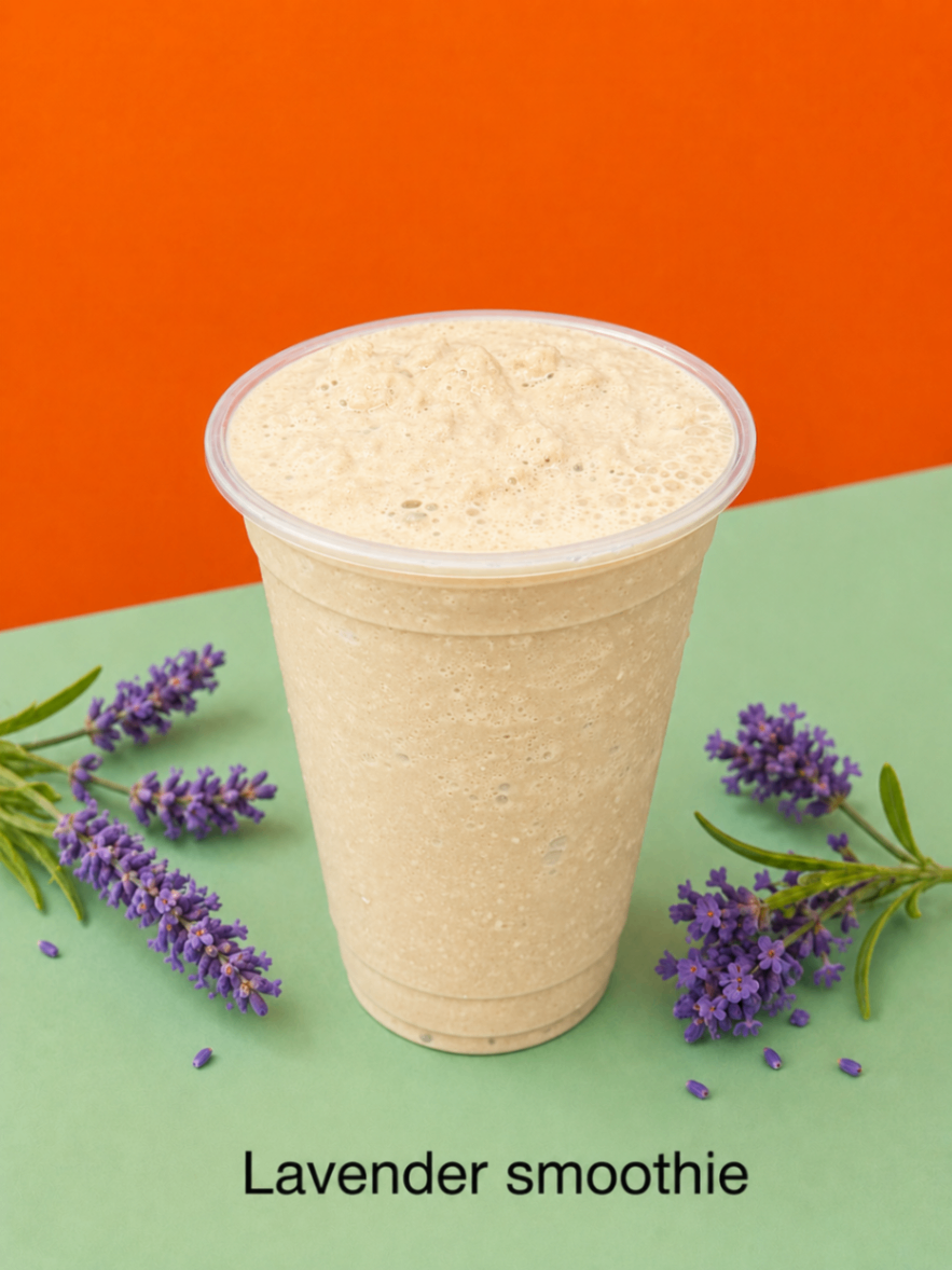 Lavender smoothie in a clear cup, surrounded by lavender sprigs on a bright orange and green background