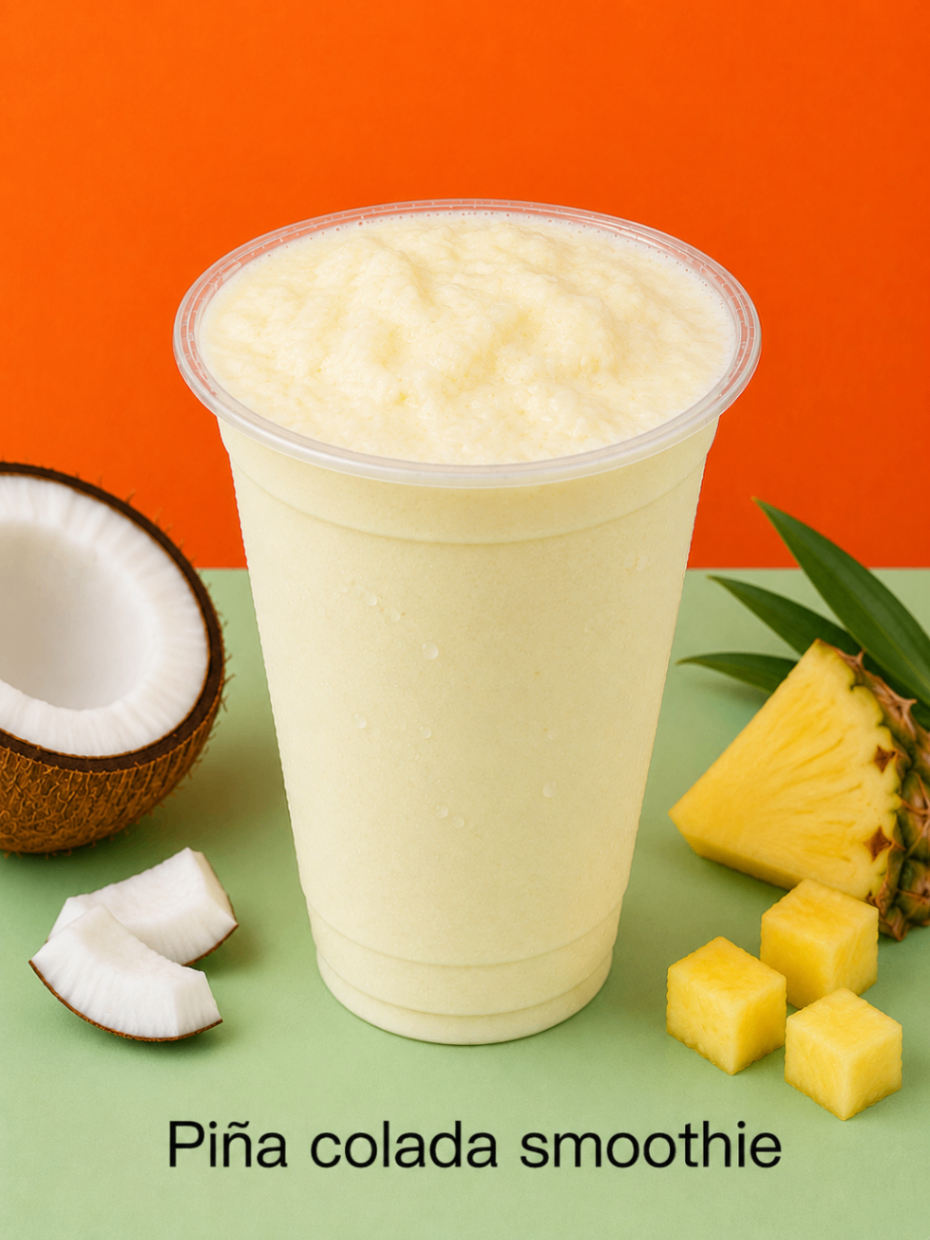 Piña colada smoothie in a clear cup with coconut, pineapple, and mango on an orange background