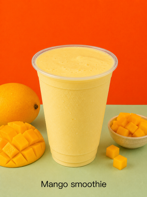 Thai tea milk tea in a clear plastic cup with frothy top on a mint background, with tea leaves and spices nearby