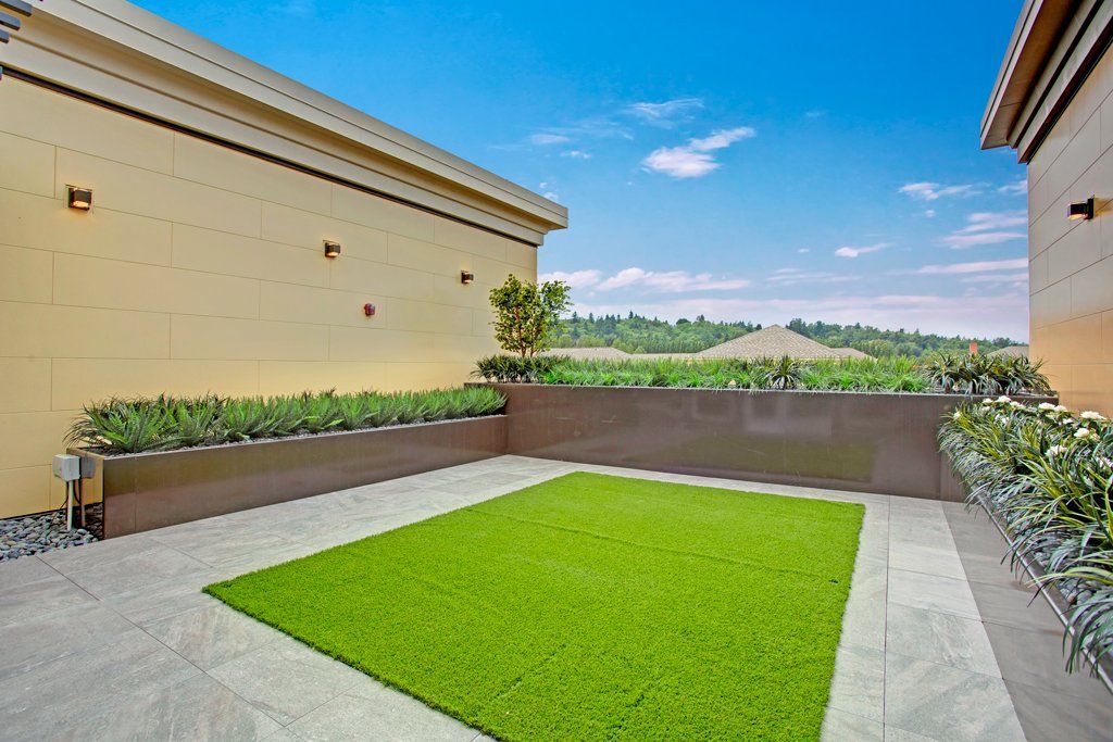 A patio with a large lawn in the middle of it at Woodin Creek Village.