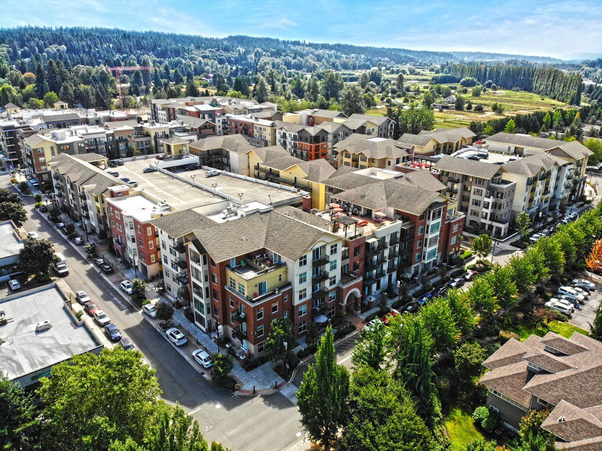 An aerial view of Woodin Creek Village.