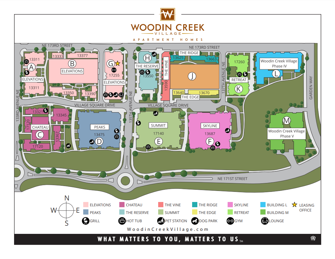 Wodden Creek Apartment Homes site plan: Colorful buildings labeled 1-10, surrounded by roads, a roundabout, and landscaping.