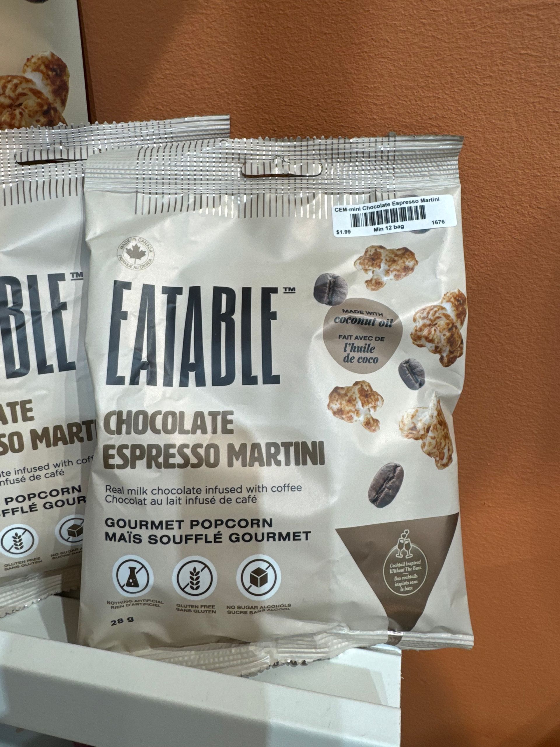 A bag of chocolate espresso martini sits on a shelf