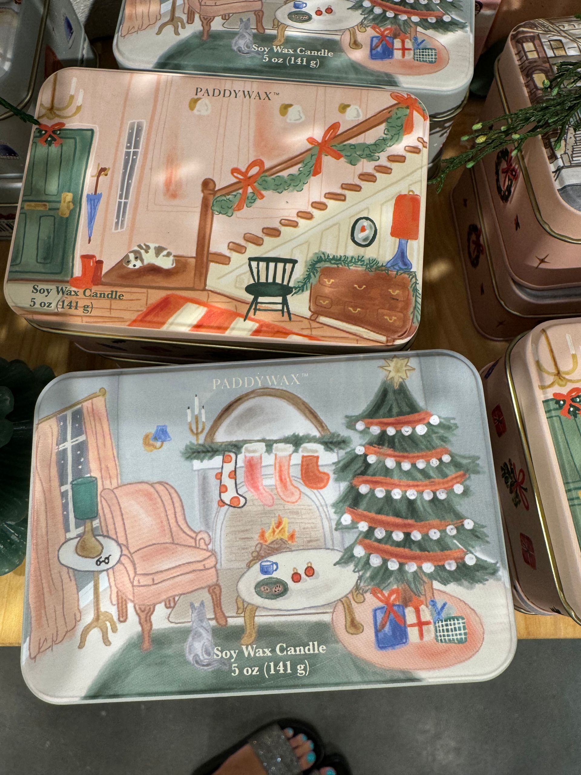 A tray with a picture of a fireplace and a christmas tree on it