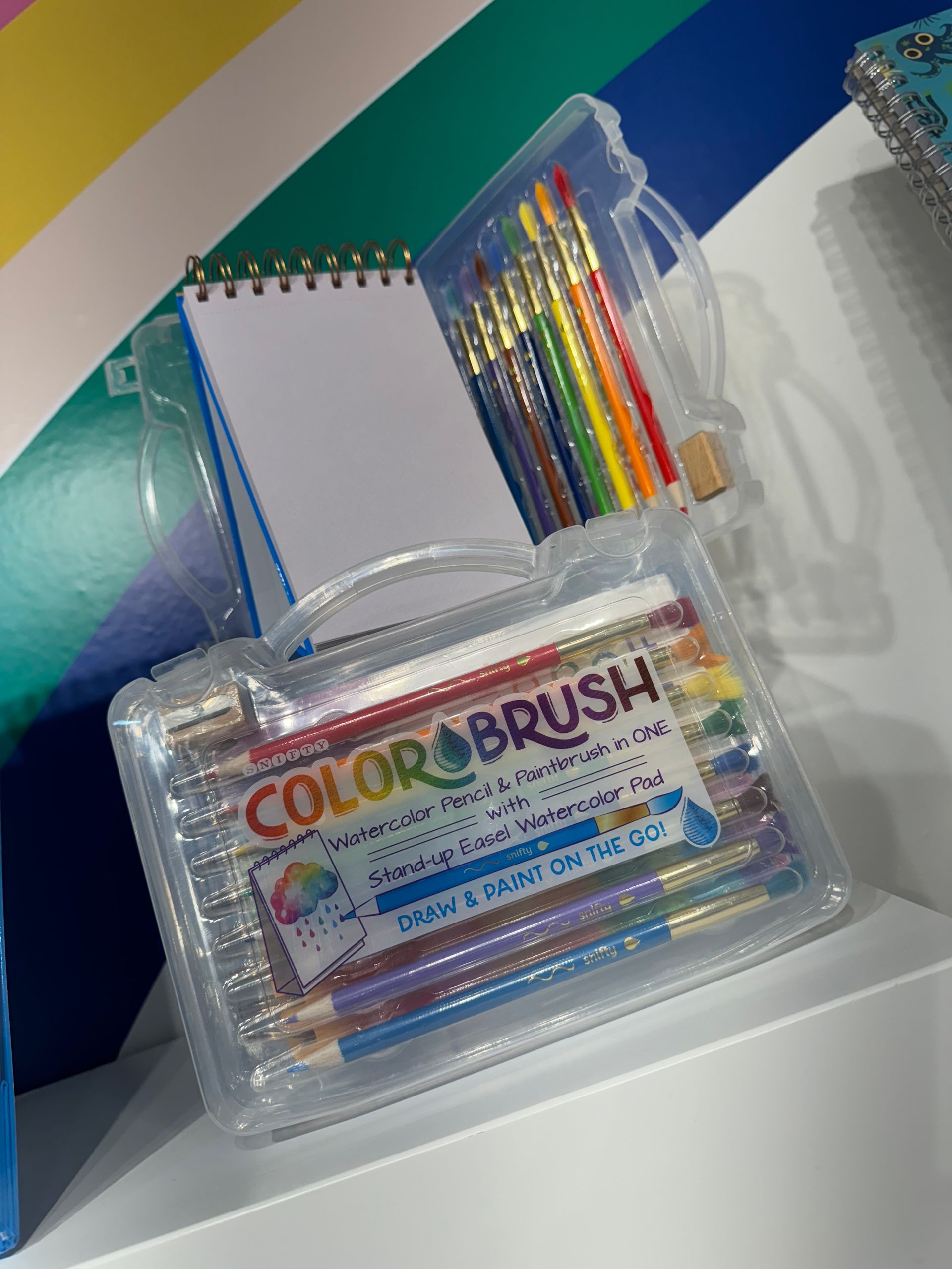 A clear plastic case filled with colored pencils and markers