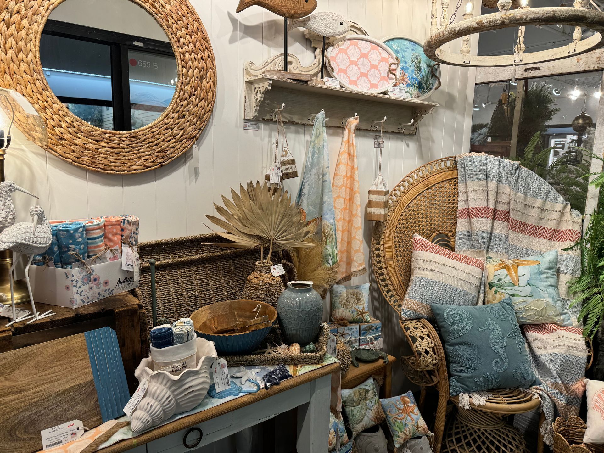 A room filled with lots of wicker furniture and decorations