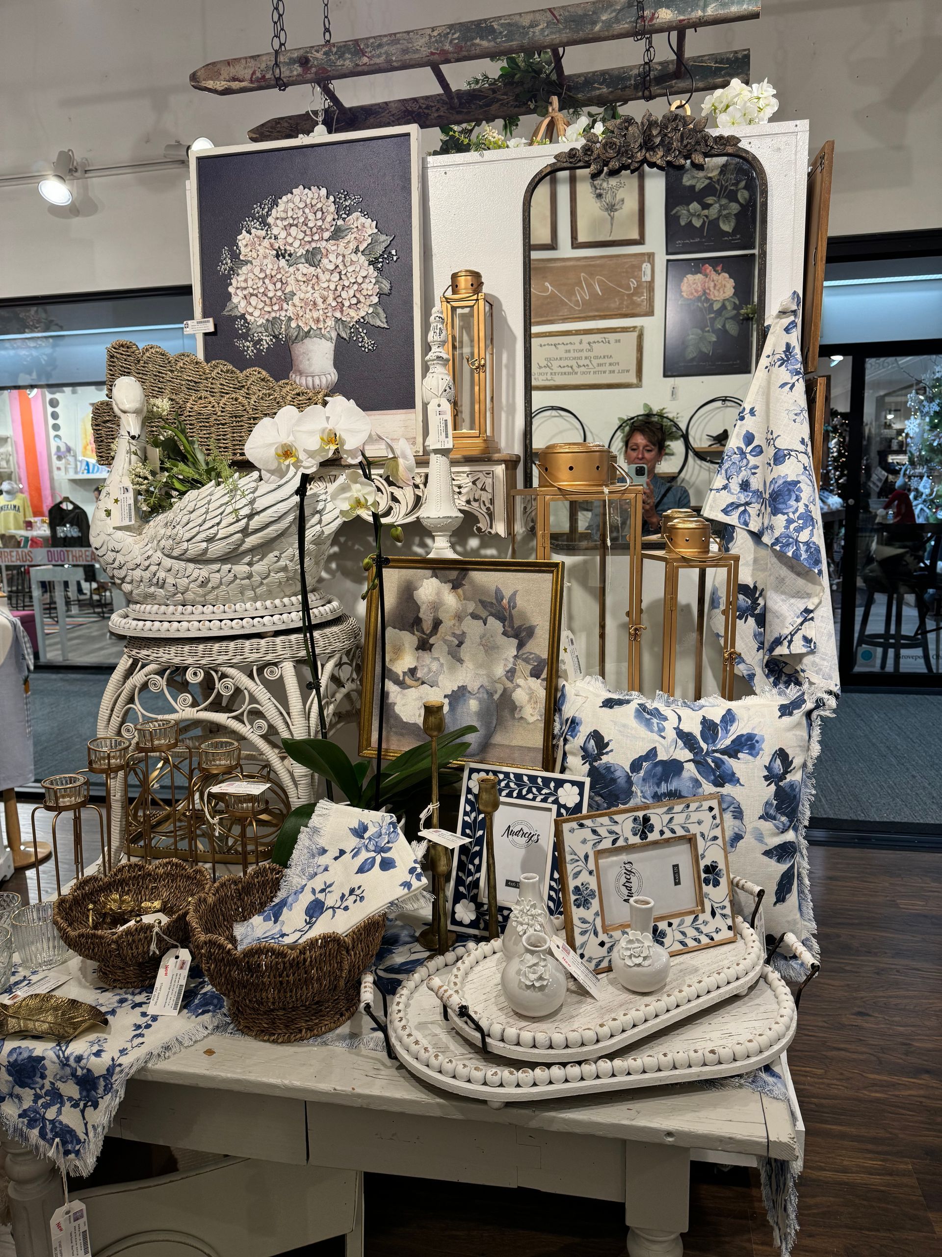 A display of blue and white decorations in a store