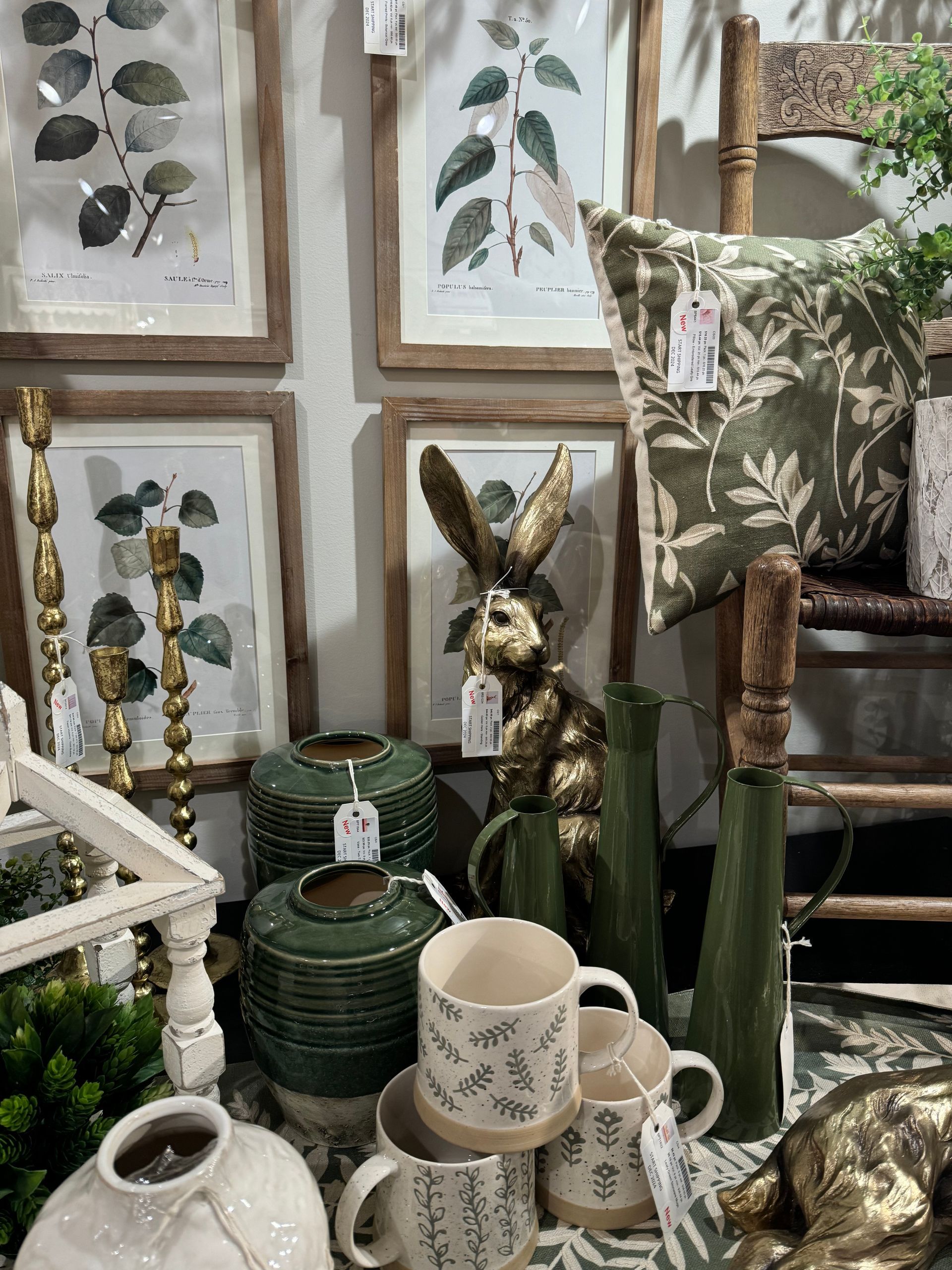 A room with a lot of decorations including a rabbit