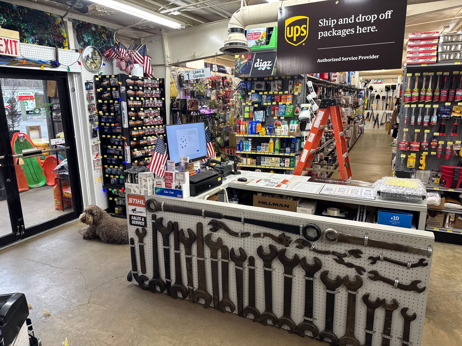 Hardware store interior with a counter display of wrenches. A dog sits on the floor near the counter.