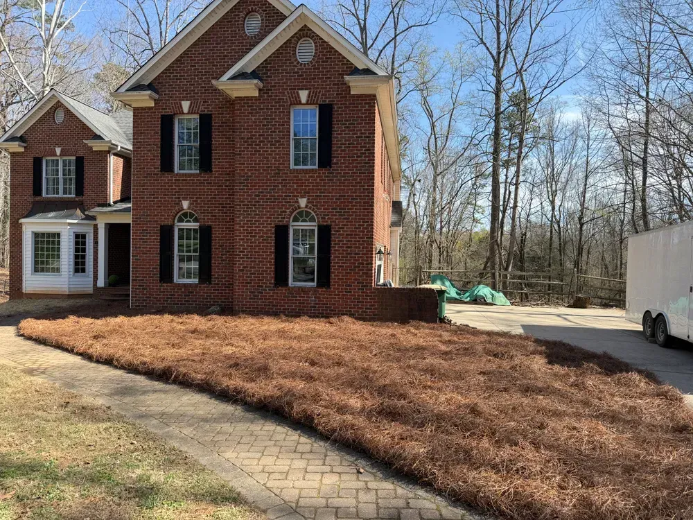 Brick house with dark shutters, leaf-covered front yard, and a driveway under clear blue sky.