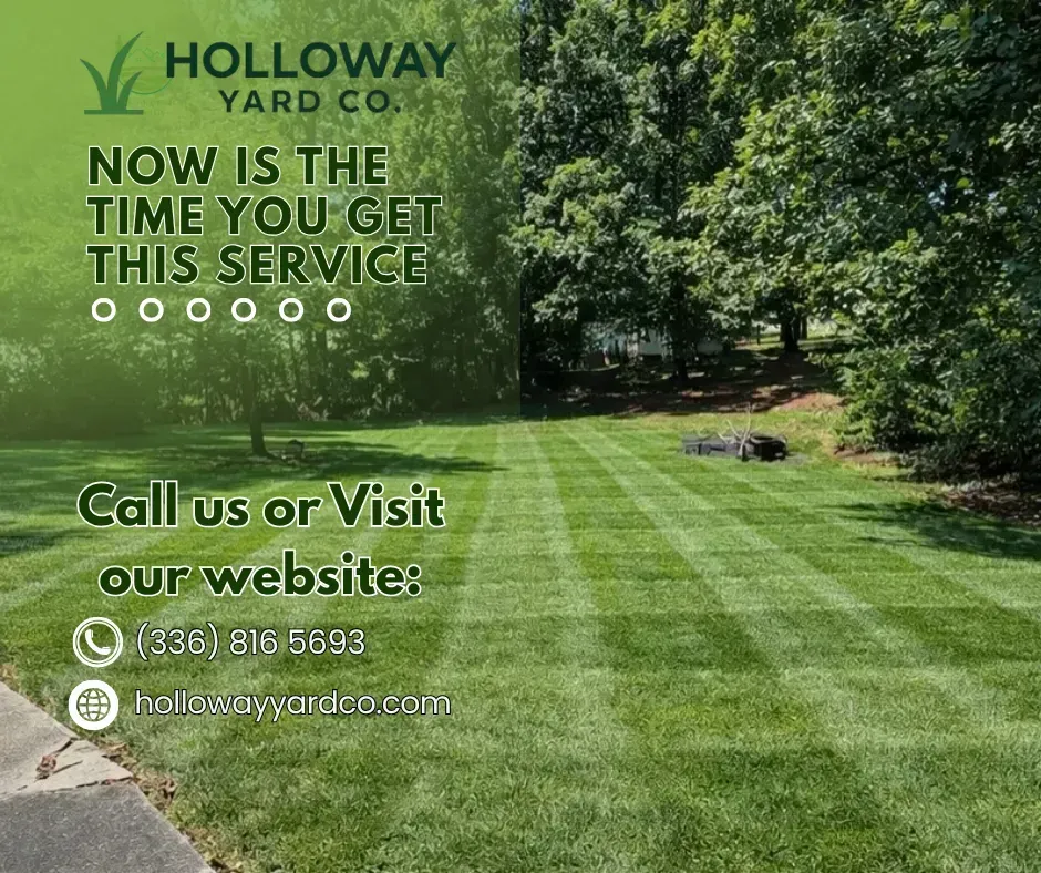 Holloway Yard Co lawn care ad over a mowed green lawn with contact info and website link