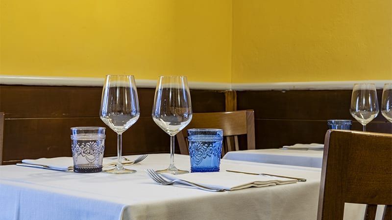 Tavolo del ristorante apparecchiato con bicchieri da vino e da acqua; parete gialla sullo sfondo.