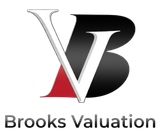 Brooks Valuation logo with stylized black, white, and red “BV” letters