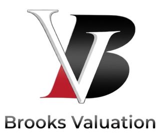 Brooks Valuation logo with stylized black, white, and red “BV” letters