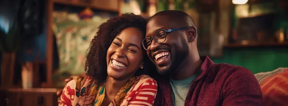 A man and a woman are sitting next to each other on a couch and smiling.