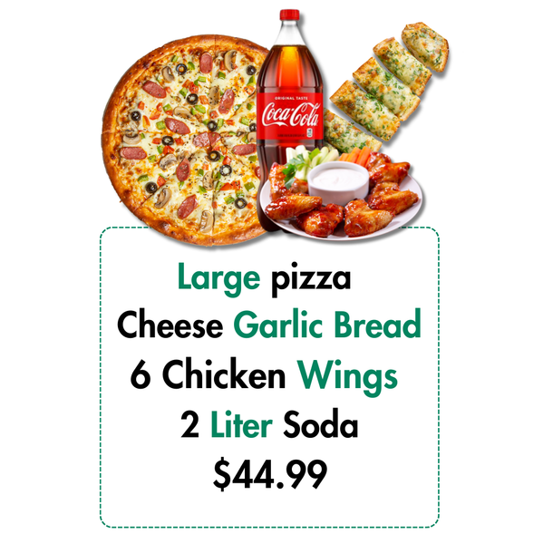 A large pizza with two toppings is only $ 25.99