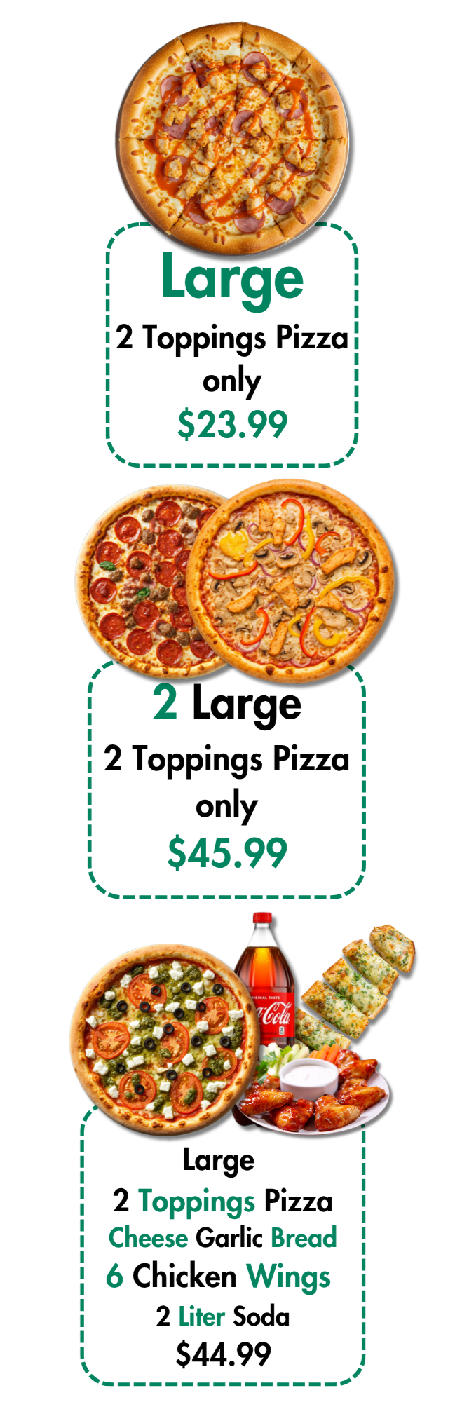 Restaurant menu ad with pizza and combo specials, showing large, 2-topping pizzas and wings with prices.