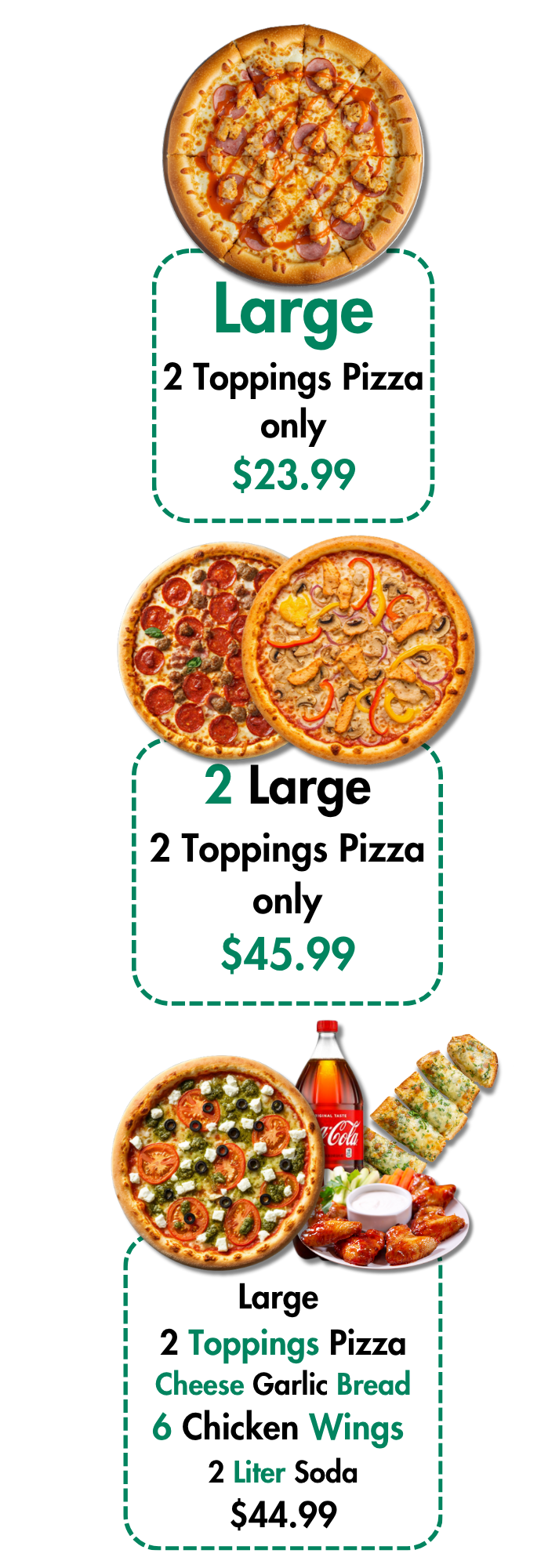 Pizza combo menu with 3 large pizzas, wings, and cheesy bread with prices in teal boxes