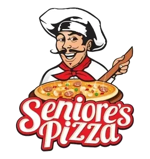 The logo for senior 's pizza shows a chef holding a pizza