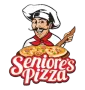 The logo for senior 's pizza shows a chef holding a pizza