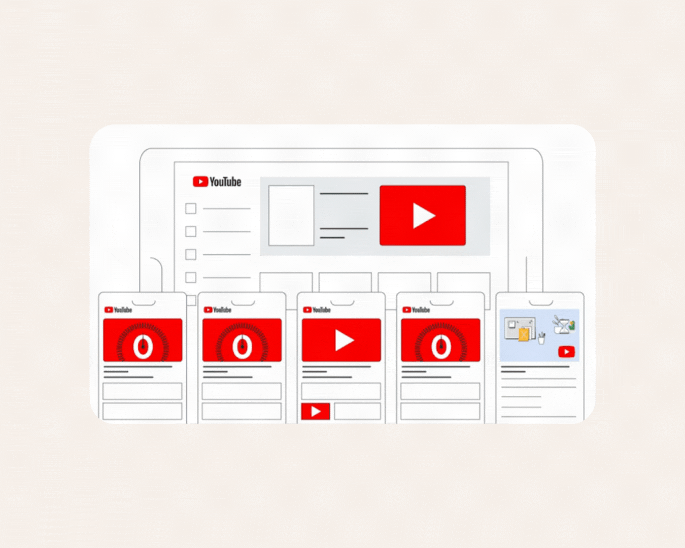 Five smartphones displaying YouTube videos in front of a tablet showing the YouTube interface.