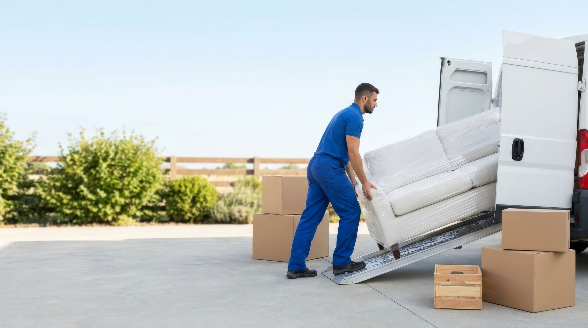 A uniformed mover loading a plastic-wrapped sofa into a van, the careful work of moving companies.