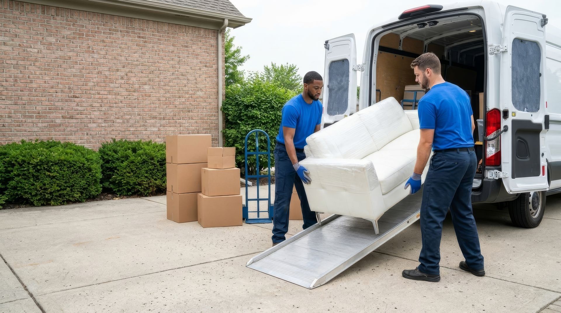 Two local movers in blue shirts carry a plastic-wrapped sofa up the ramp into the white moving van. Two local movers in blue shirts carry a plastic-wrapped sofa up the ramp into the white moving van.