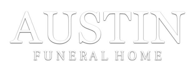 Austin Funeral Home logo with embossed silver text on a white background