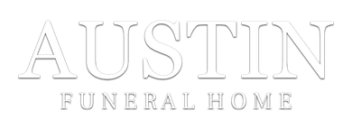 Austin Funeral Home logo with embossed silver text on a white background