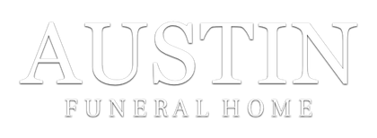 Austin Funeral Home logo with embossed silver text on a white background