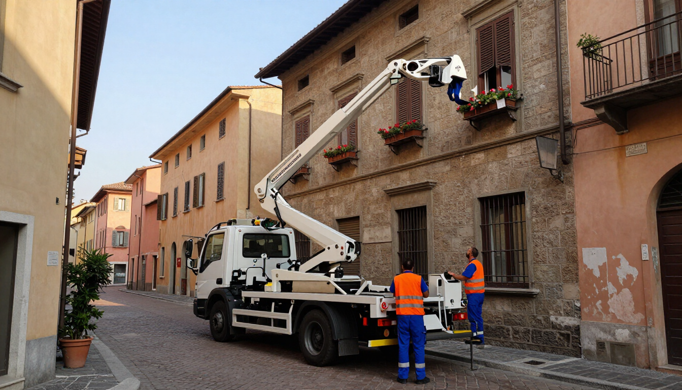 Noleggio autoscala Pavia – operatori Impastato Traslochi al lavoro in via del centro storico pavese