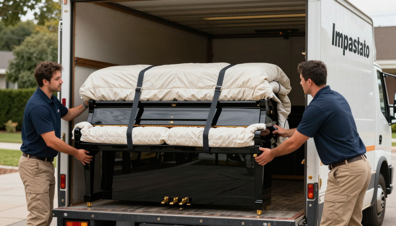 Pianoforte a coda in fase di imballaggio e carico su mezzo Impastato