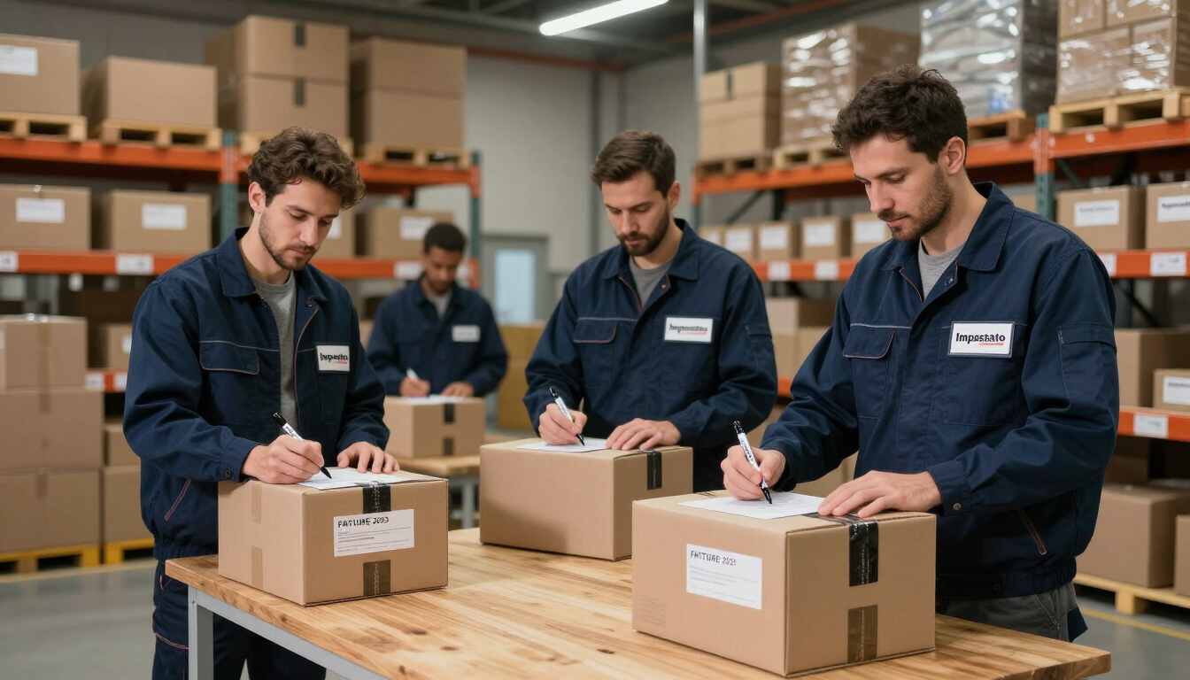 Operatori Impastato che etichettano scatoloni di documenti in magazzino