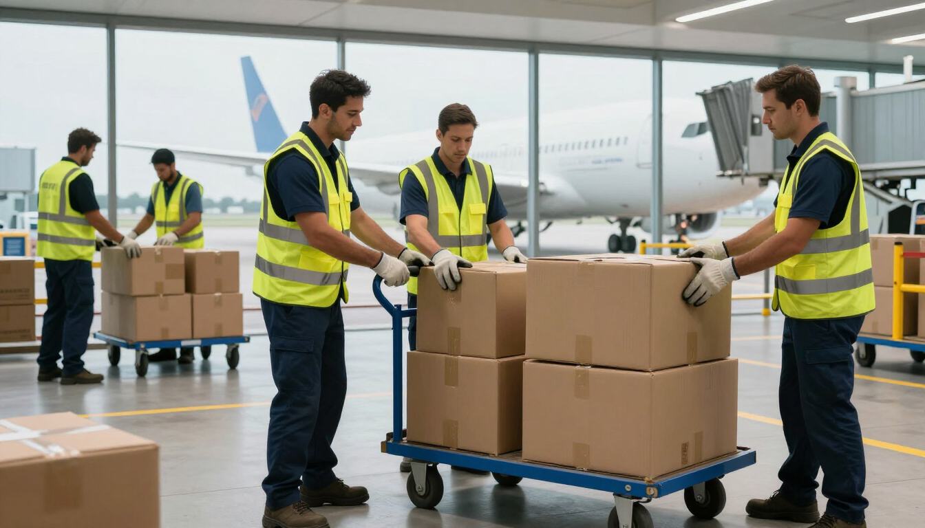 Operatori che caricano merci in area cargo aeroportuale
