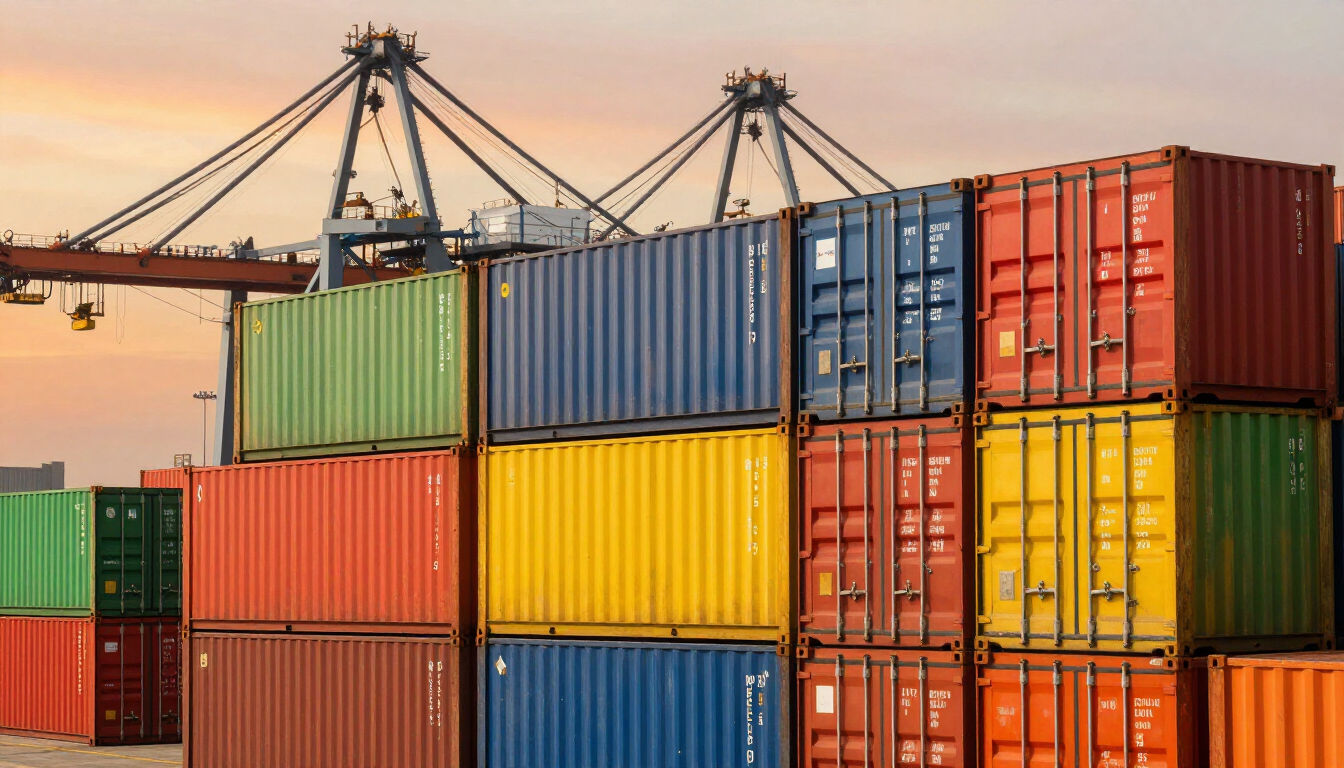 Container colorati impilati in un porto commerciale italiano