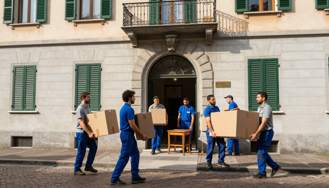 Trasloco casa appartamento Milano operai Impastato con scatole in un palazzo milanese