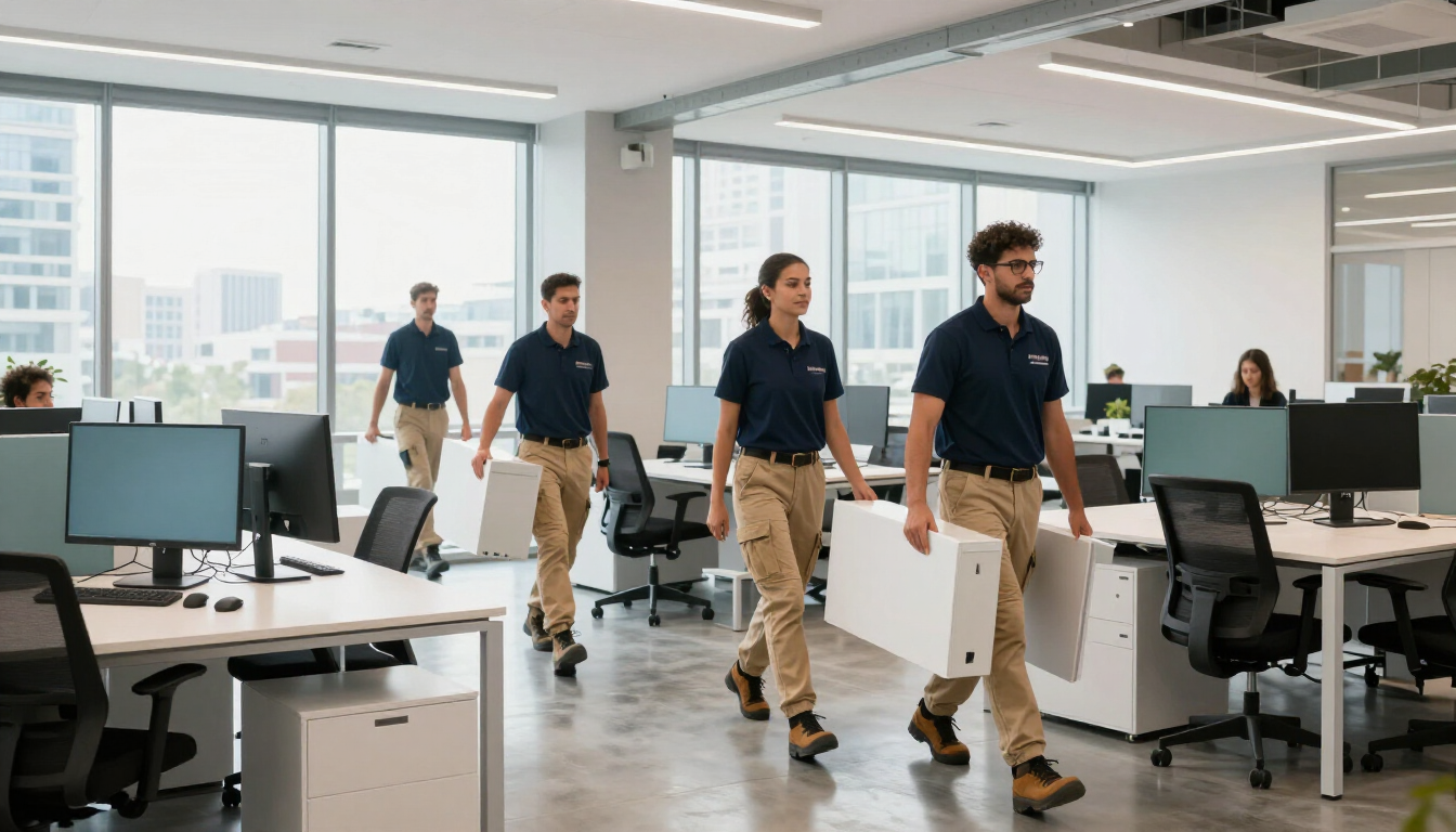 Trasloco ufficio aziendale Milano squadra Impastato con scrivanie e attrezzature
