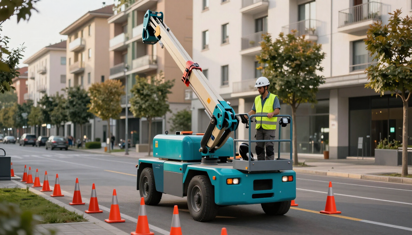 Autoscala Impastato Traslochi in funzione su un viale di Milano, operatore ai comandi, palazzo residenziale moderno sullo sfondo