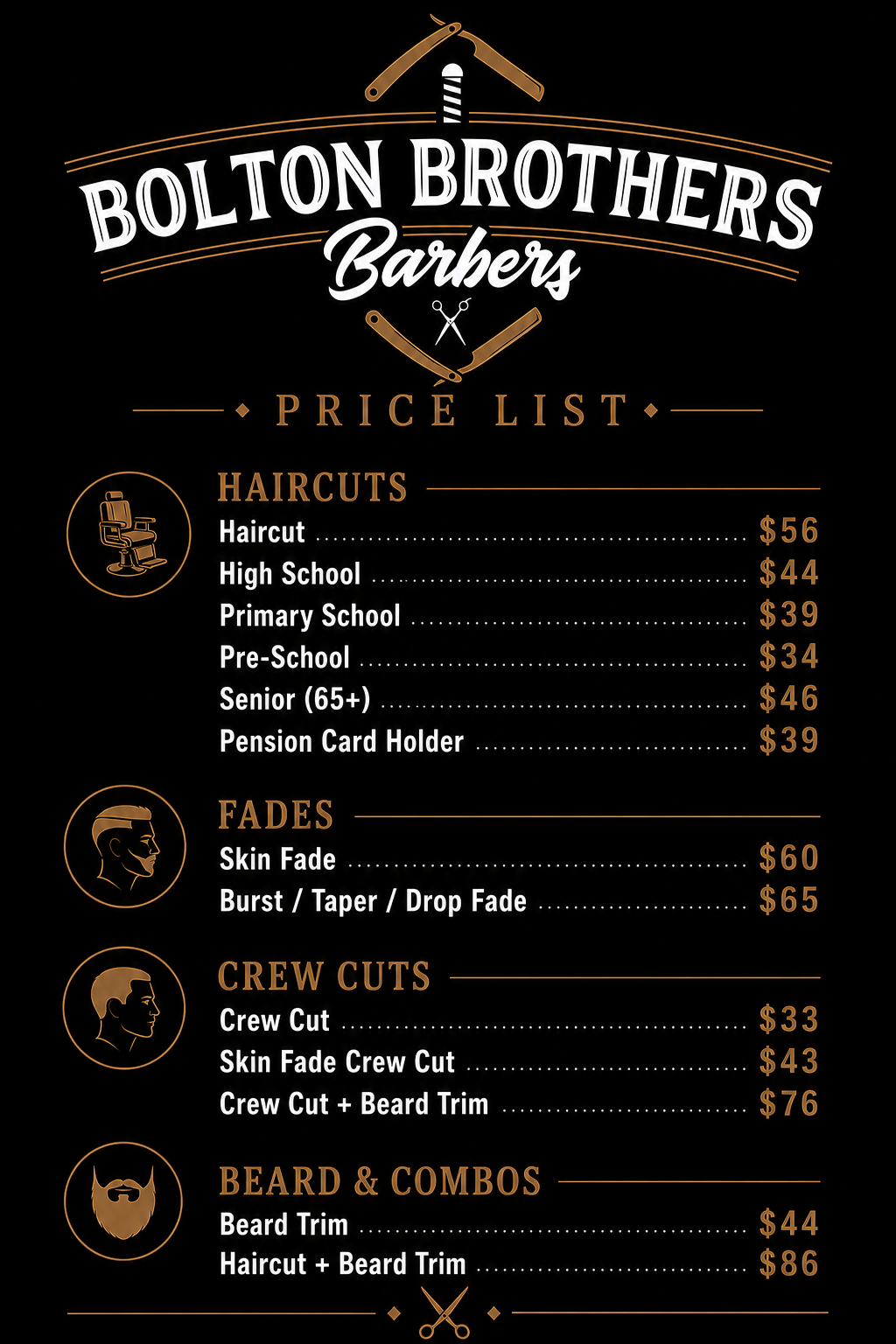Bolton Brothers Barbers price list on black background, with haircut and shave service prices in gold text