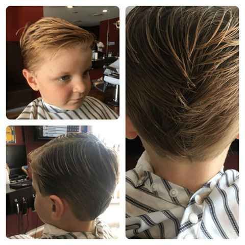 Young Boy With Styled Haircut In Striped Shirt — Bolton Brothers Barbers in Erina, NSW