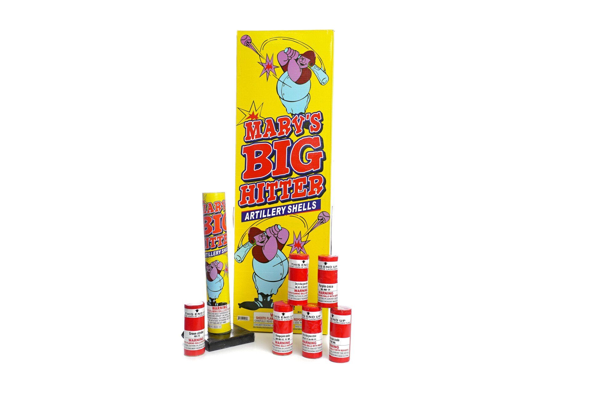 A box of big killer fireworks with a cartoon character on it.