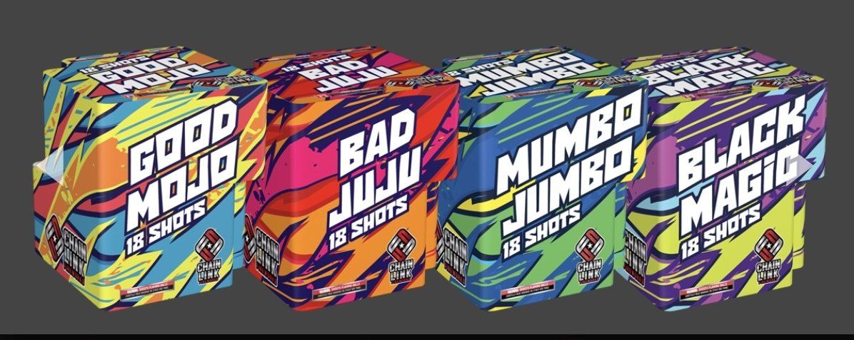 Four boxes of good mojo , bad juju , mumbo jumbo , and black magic are lined up in a row.