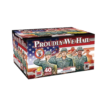 A box of proudly we hail fireworks with soldiers saluting.