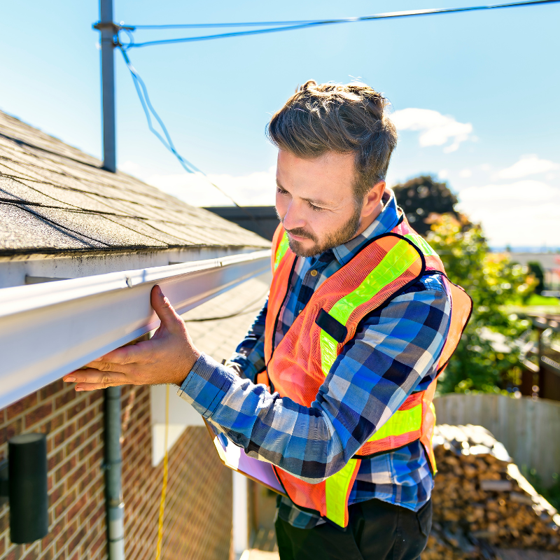 A man is working on a gutter on the side of a house.